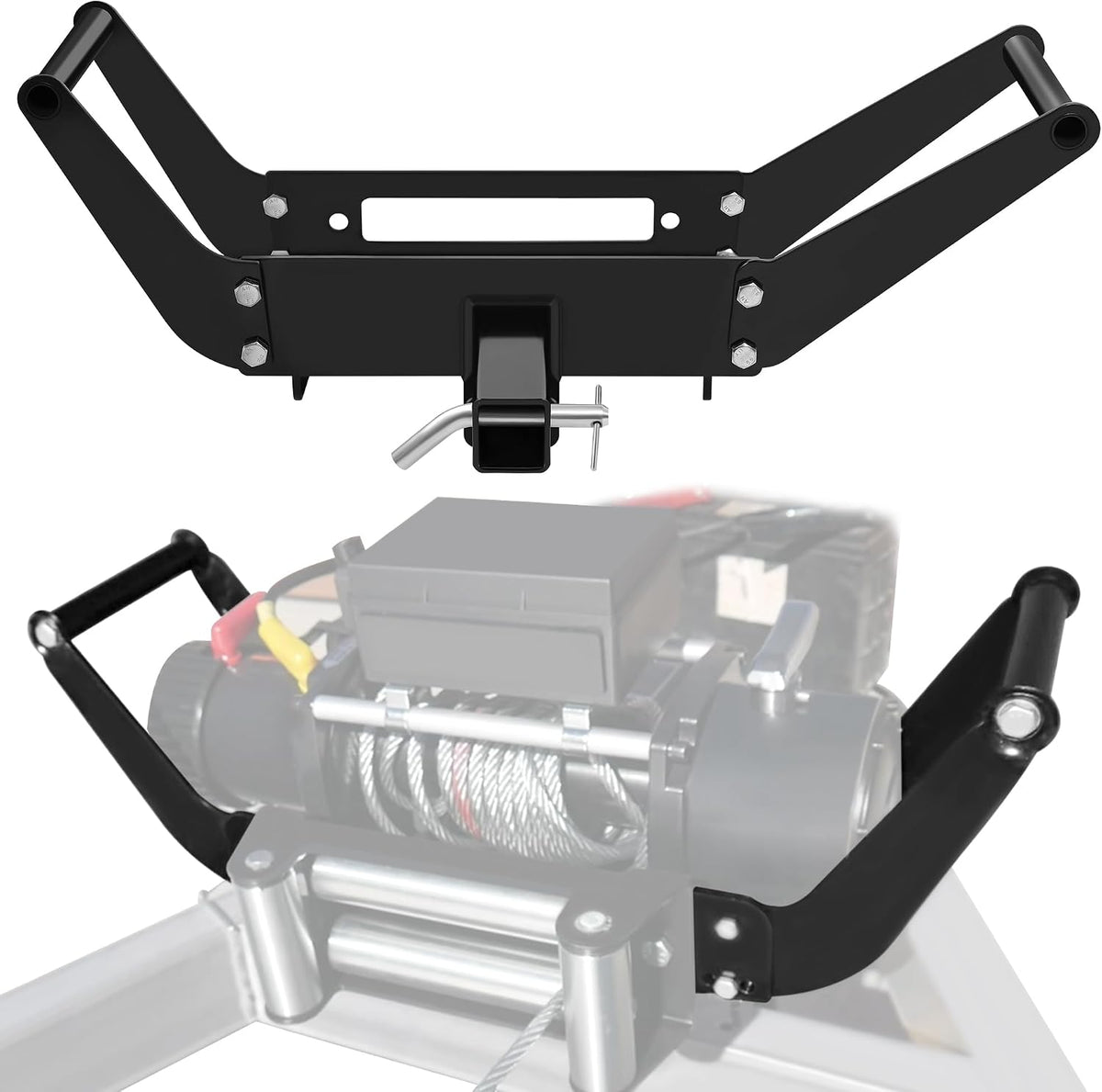 JY Performance foldable winch cradle for a 2-inch receiver, with installation example; winch not included