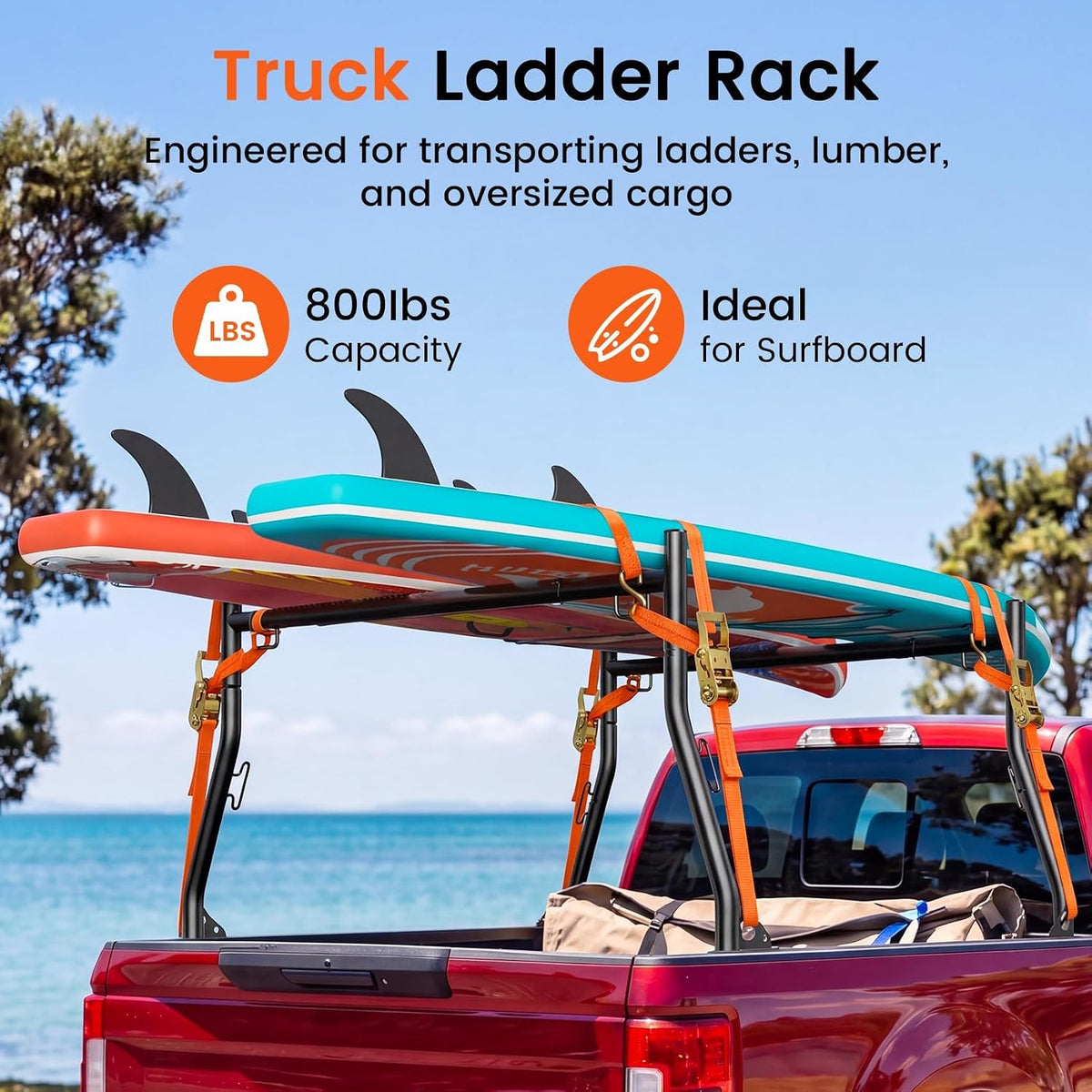 Truck Bed Ladder Rack – 800 lb Capacity, No-Drill J-Bolt Mount